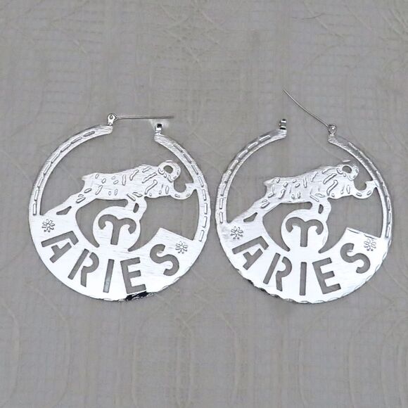 Silver Toned Aries Zodiac Earrings Women, Round Carved Metal, Birthday Gift - Picture 1 of 7